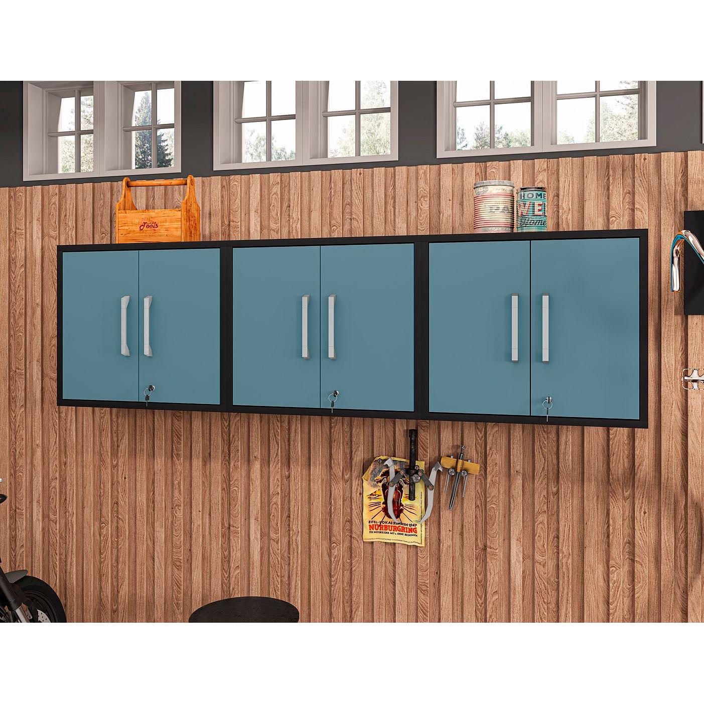 Manhattan Comfort Eiffel 3-Piece Floating Storage Cabinet In Matte Black & Aqua Blue
