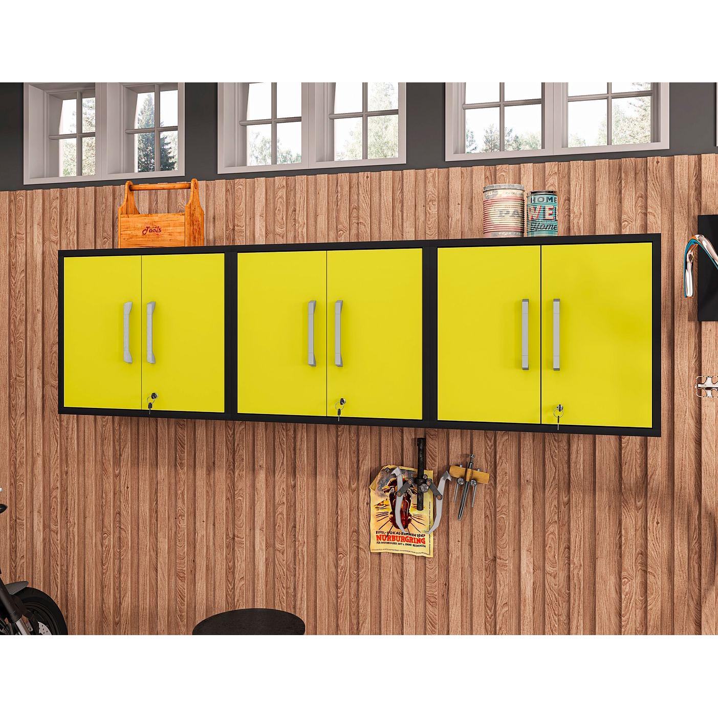 Manhattan Comfort Eiffel 3-Piece Floating Storage Cabinet In Matte Black & Yellow