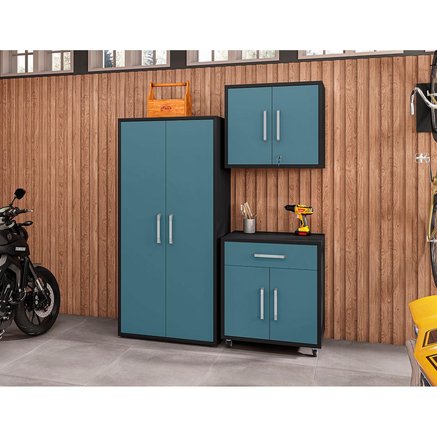 Manhattan Comfort Eiffel 3-Piece Storage Set In Matte Black and Aqua Blue