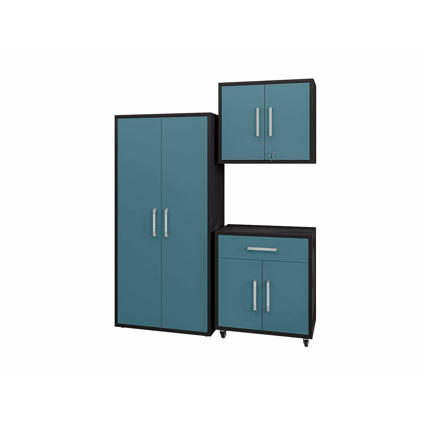 Manhattan Comfort Eiffel 3-Piece Storage Set In Matte Black and Aqua Blue