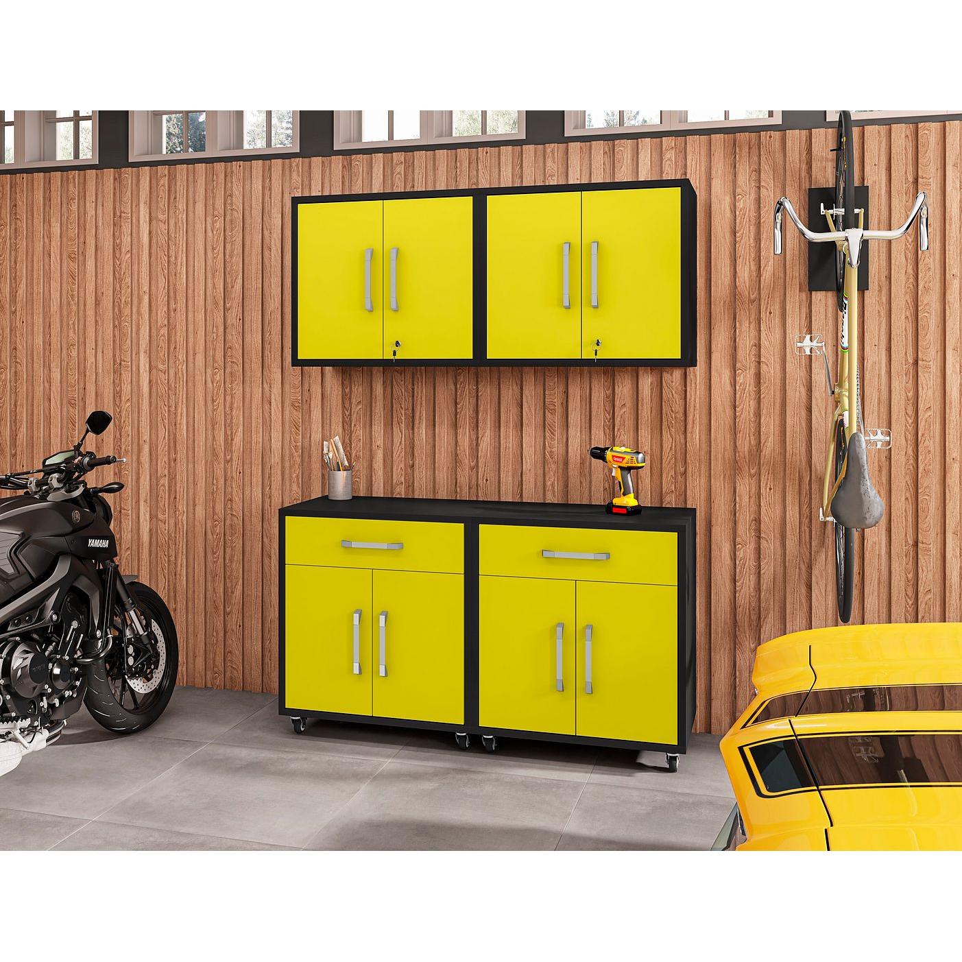 Manhattan Comfort Eiffel 4-Piece Garage Storage Set In Matte Black & Yellow