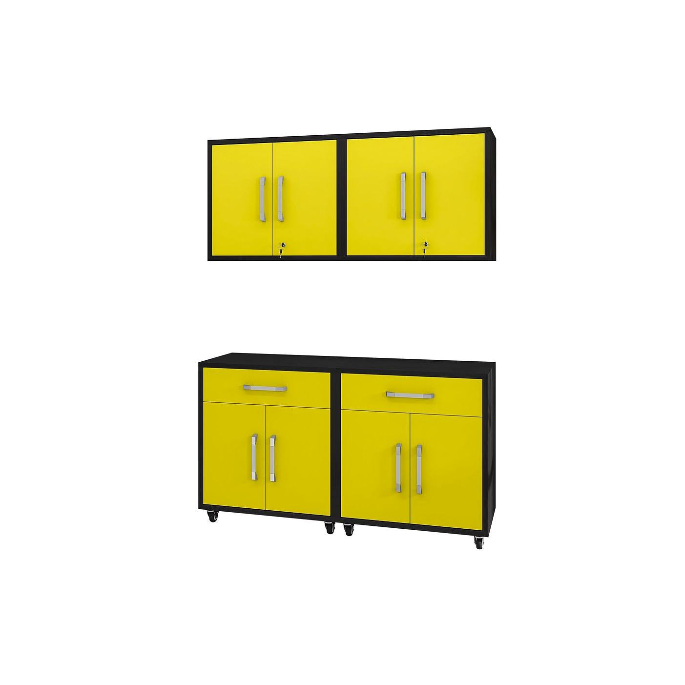 Manhattan Comfort Eiffel 4-Piece Garage Storage Set In Matte Black & Yellow