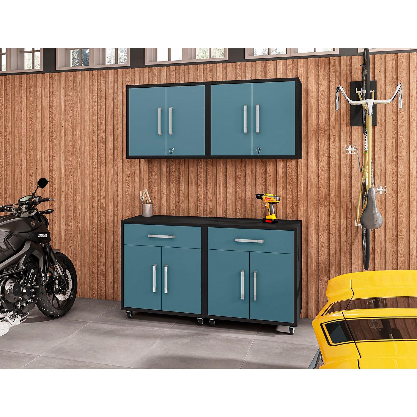 Manhattan Comfort Eiffel 4-Piece Storage Set In Matte Black & Aqua Blue