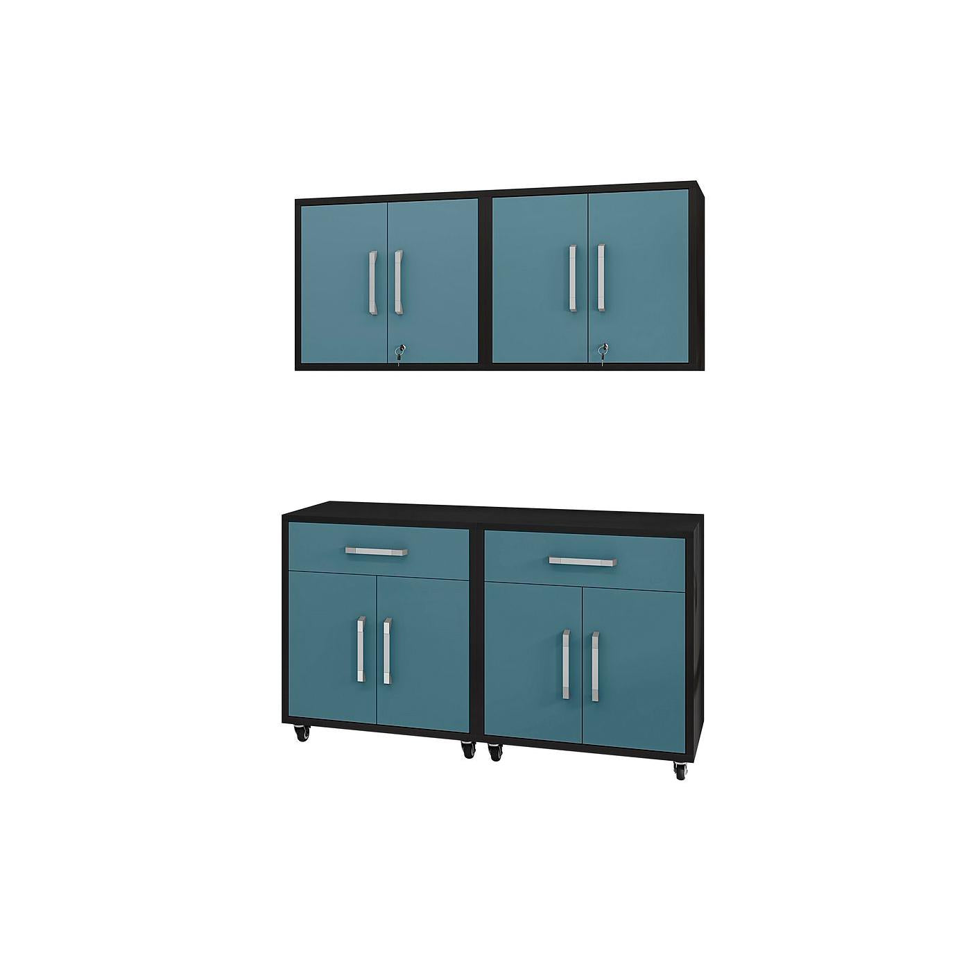 Manhattan Comfort Eiffel 4-Piece Storage Set In Matte Black & Aqua Blue