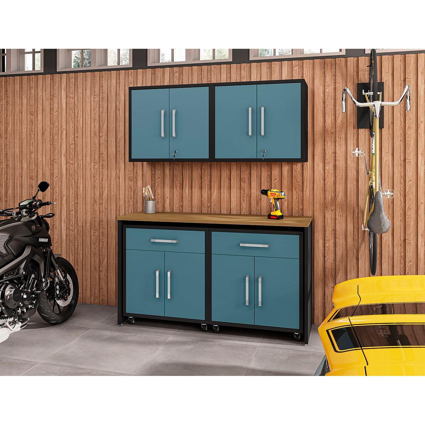Manhattan Comfort Eiffel 5-Piece Storage Set In Matte Black & Aqua Blue