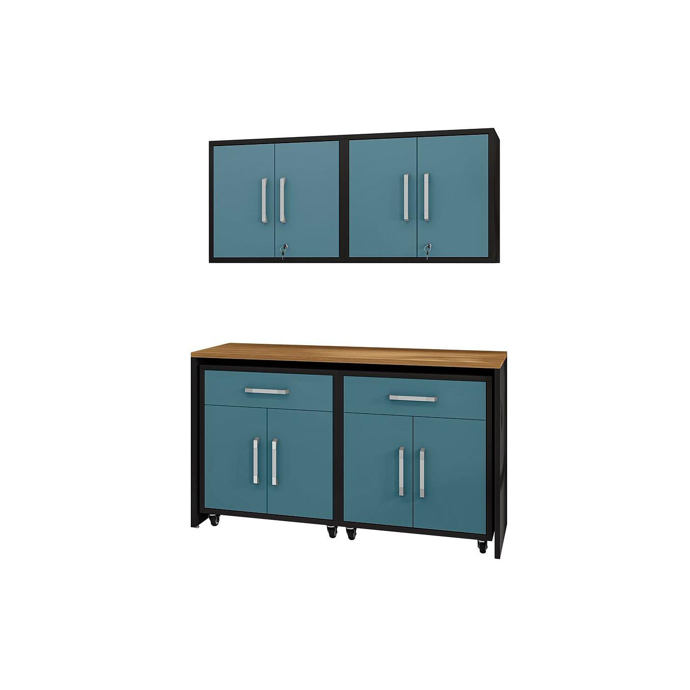 Manhattan Comfort Eiffel 5-Piece Storage Set In Matte Black & Aqua Blue