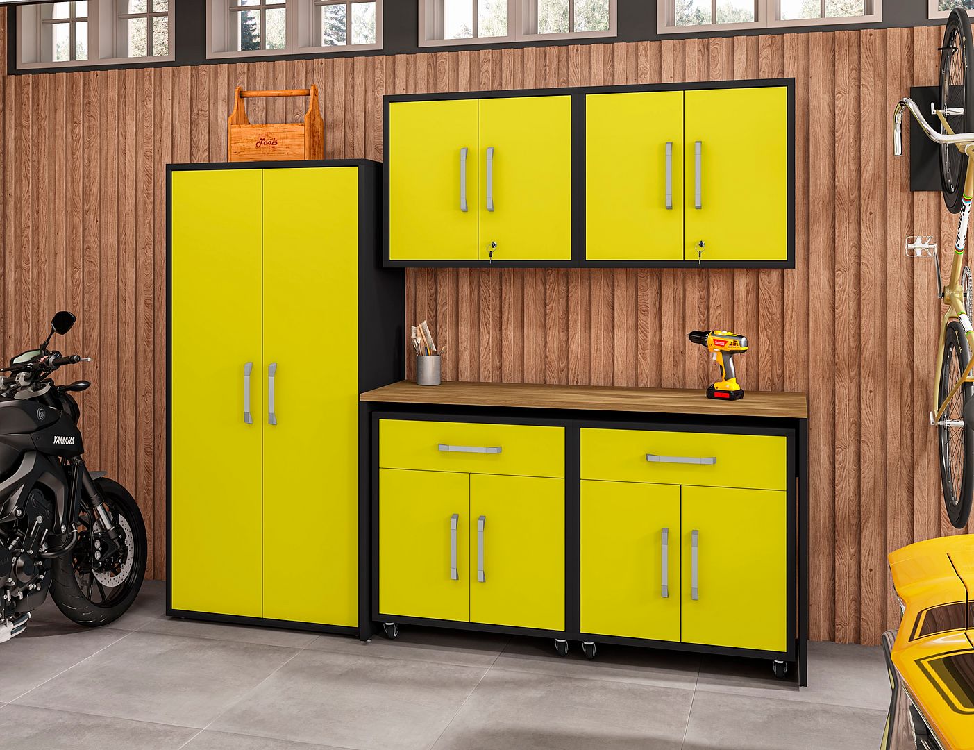 Manhattan Comfort Eiffel 6-Piece Garage Storage Set In Matte Black & Yellow