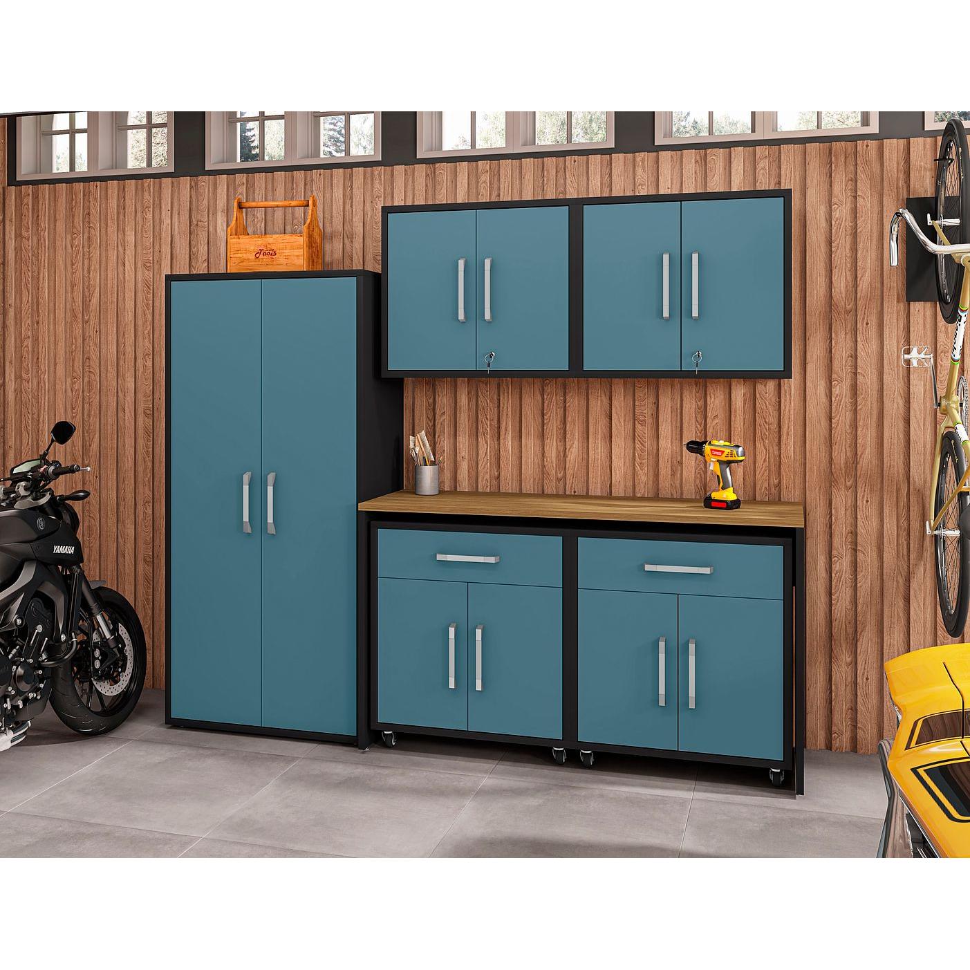 Manhattan Comfort Eiffel 6-Piece Storage Set In Matte Black & Aqua Blue
