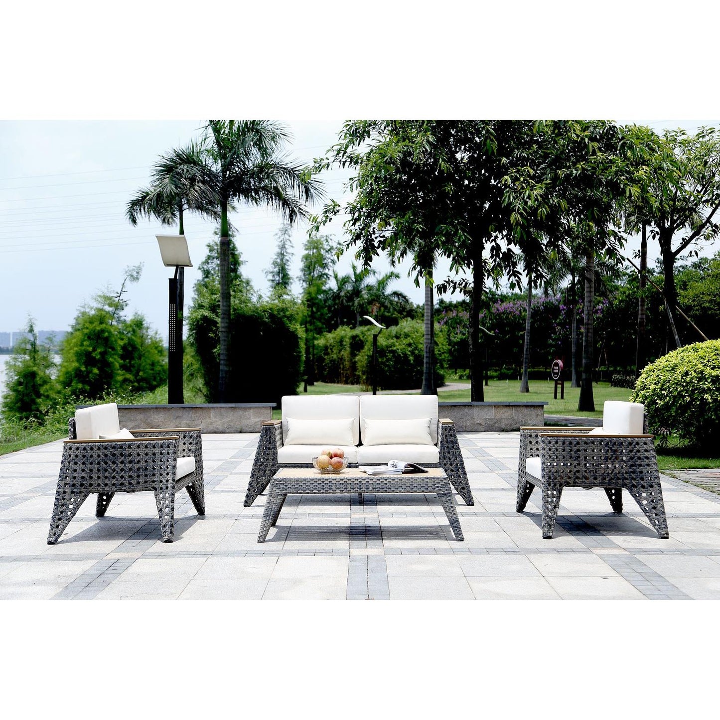 Manhattan Comfort Eiffel Outdoor Patio Conversation Set In Gray & Cream