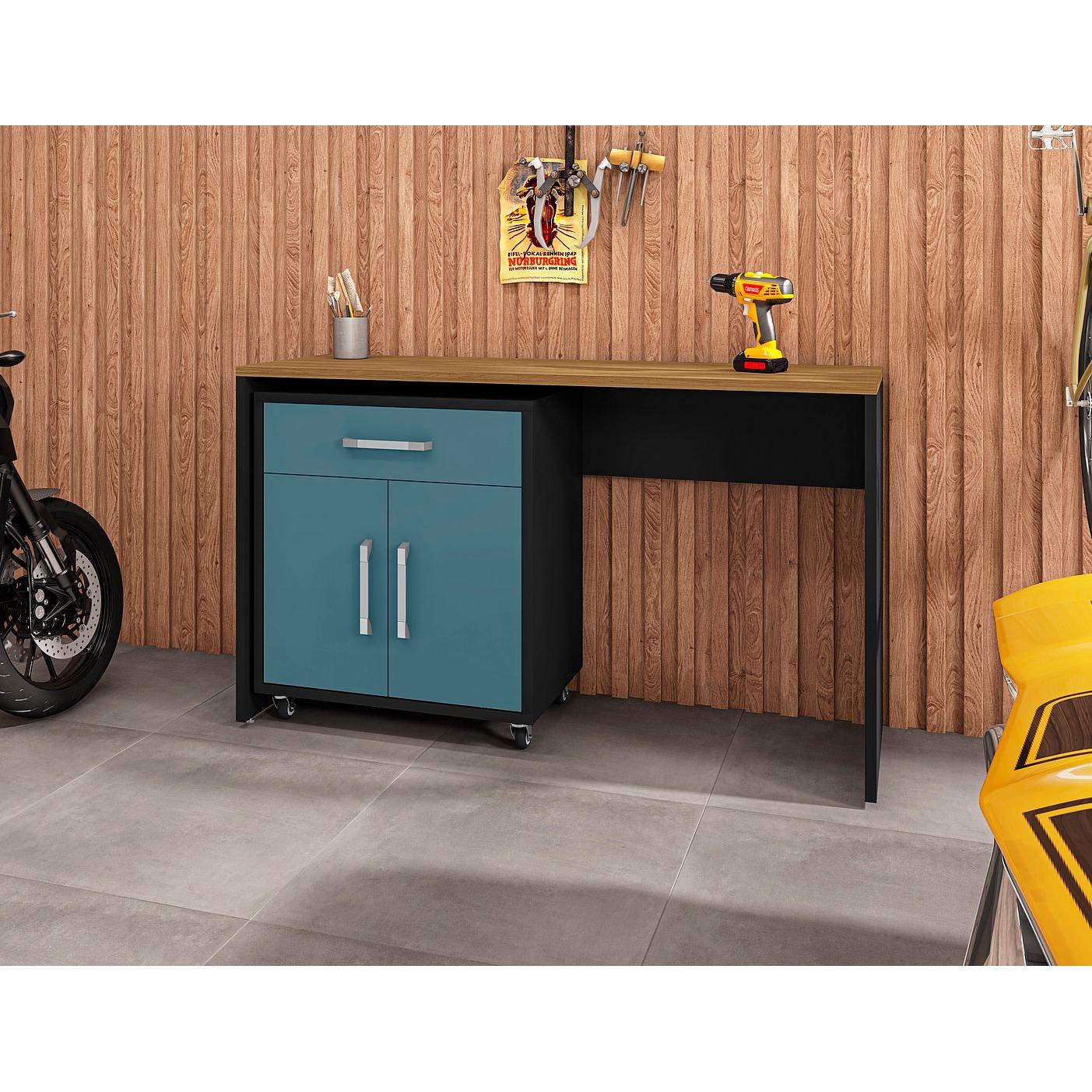 Manhattan Comfort Eiffel Work Station Set of 2 In Matte Black & Aqua Blue