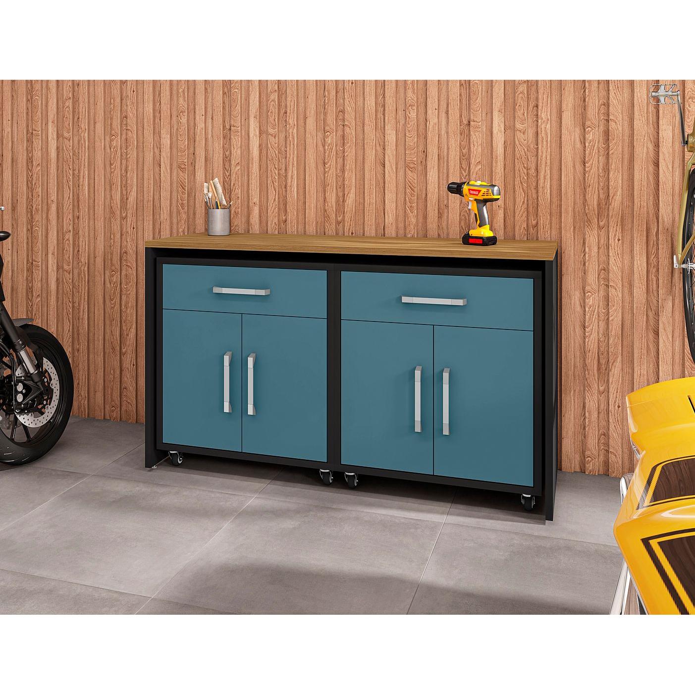 Manhattan Comfort Eiffel Work Station Set of 3 In Matte Black & Aqua Blue