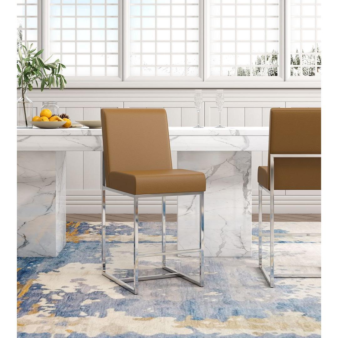 Manhattan Comfort Element 37" Camel & Polished Chrome Stainless Steel Counter Height Bar Stool