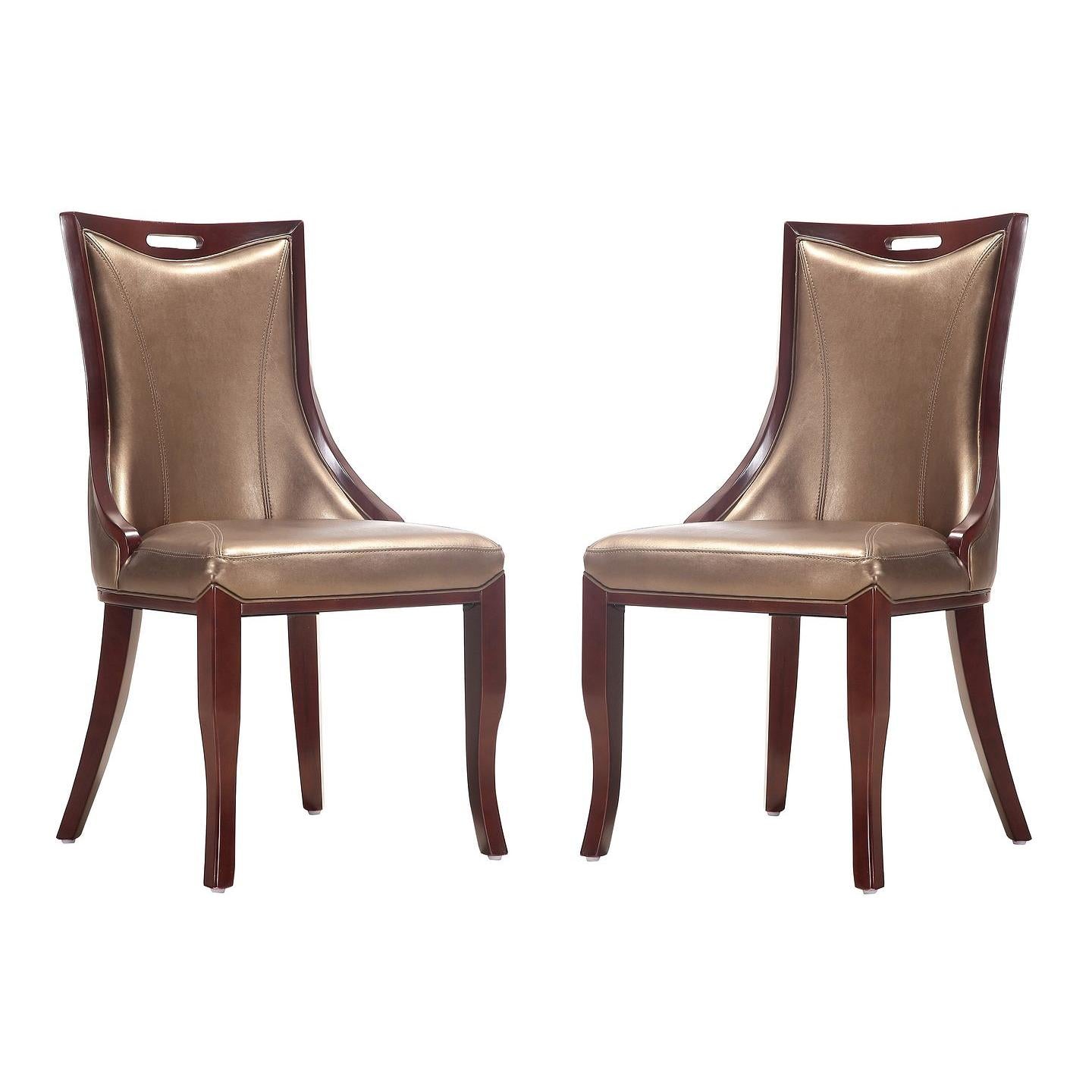 Manhattan Comfort Emperor Bronze & Walnut Faux Leather Dining Chairs In A Set Of 2