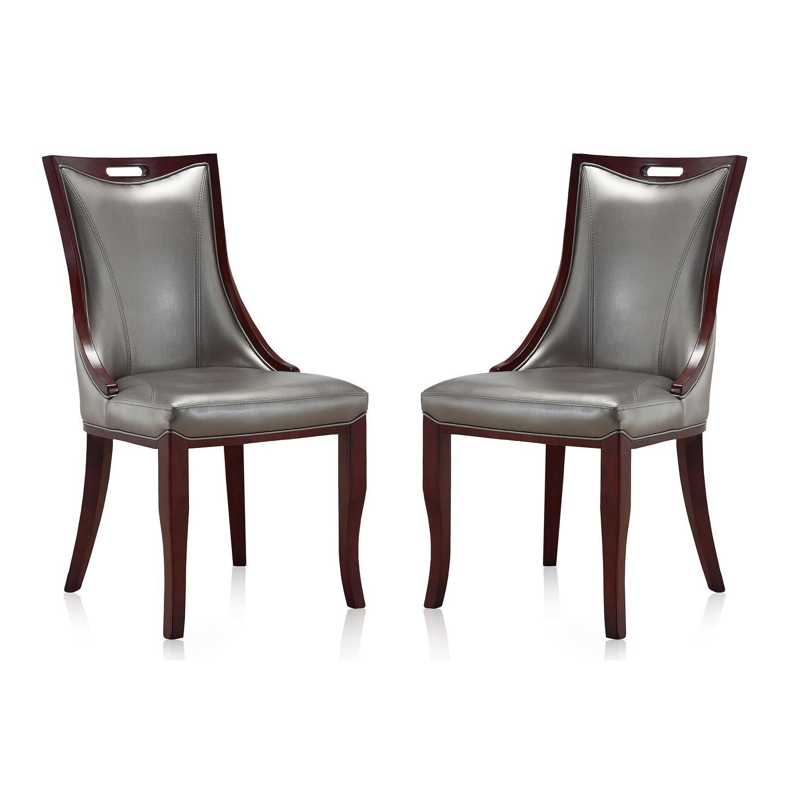Manhattan Comfort Emperor Silver & Walnut Faux Leather Dining Chairs In A Set Of 2