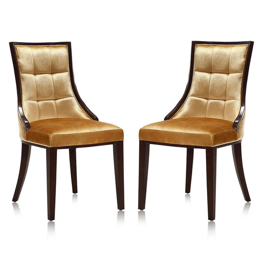 Manhattan Comfort Fifth Avenue Antique Gold & Walnut Velvet Dining Chairs In A Set Of 2