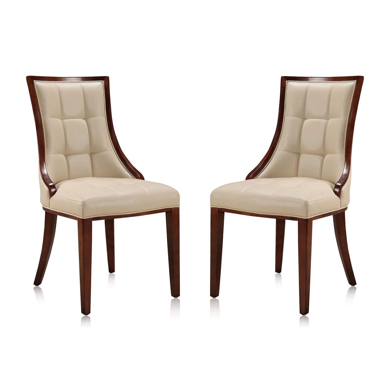 Manhattan Comfort Fifth Avenue Cream & Walnut Faux Leather Dining Chairs In A Set Of 2