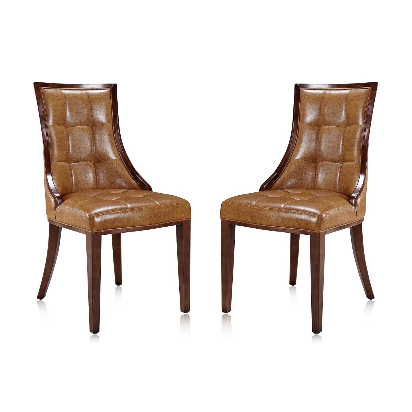 Manhattan Comfort Fifth Avenue Saddle & Walnut Faux Leather Dining Chairs In A Set Of 2