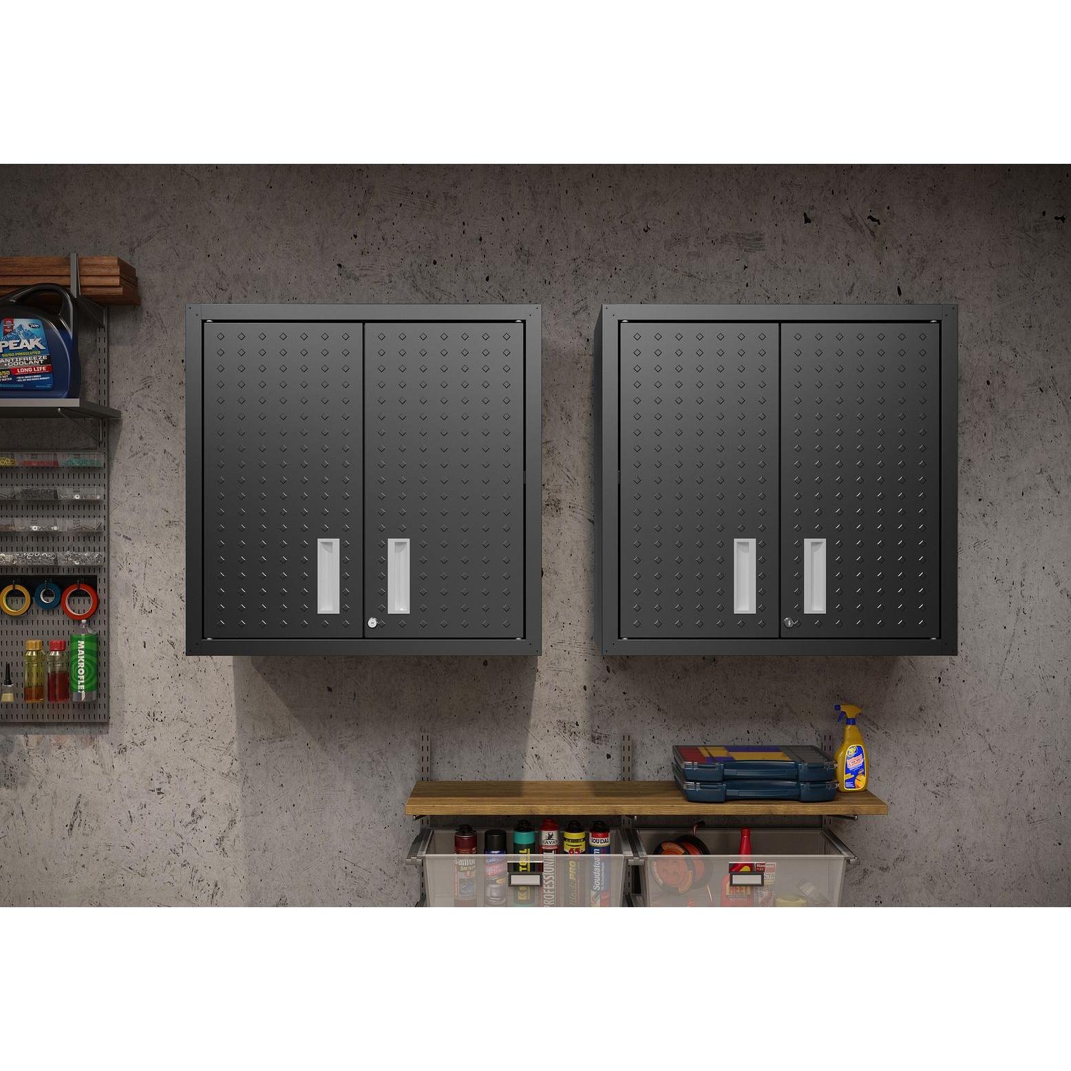 Manhattan Comfort Fortress 30" Charcoal Gray Floating Textured Metal Garage Cabinets With Adjustable Shelves In A Set Of 2