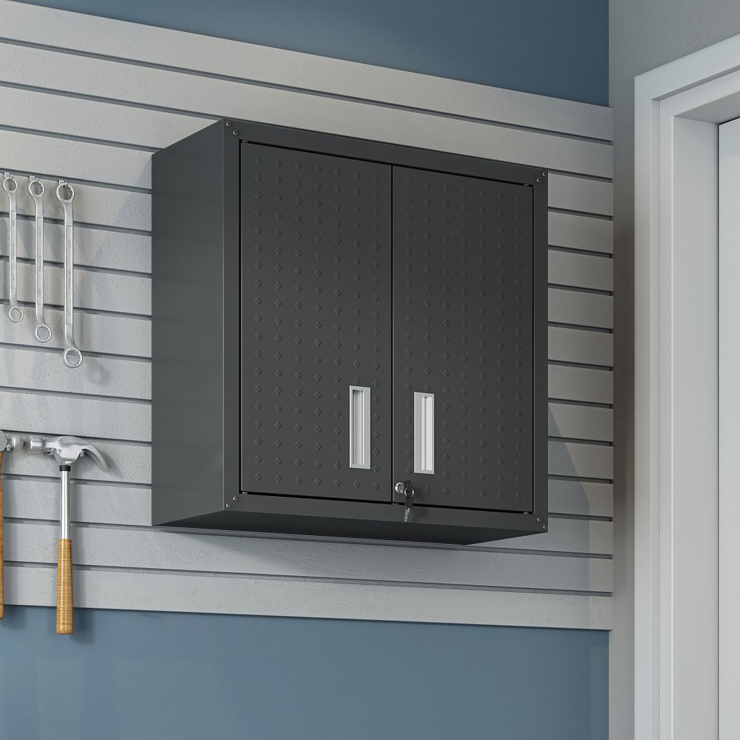 Manhattan Comfort Fortress 30" Floating Textured Metal Garage Cabinet With Adjustable Shelves In Charcoal Gray