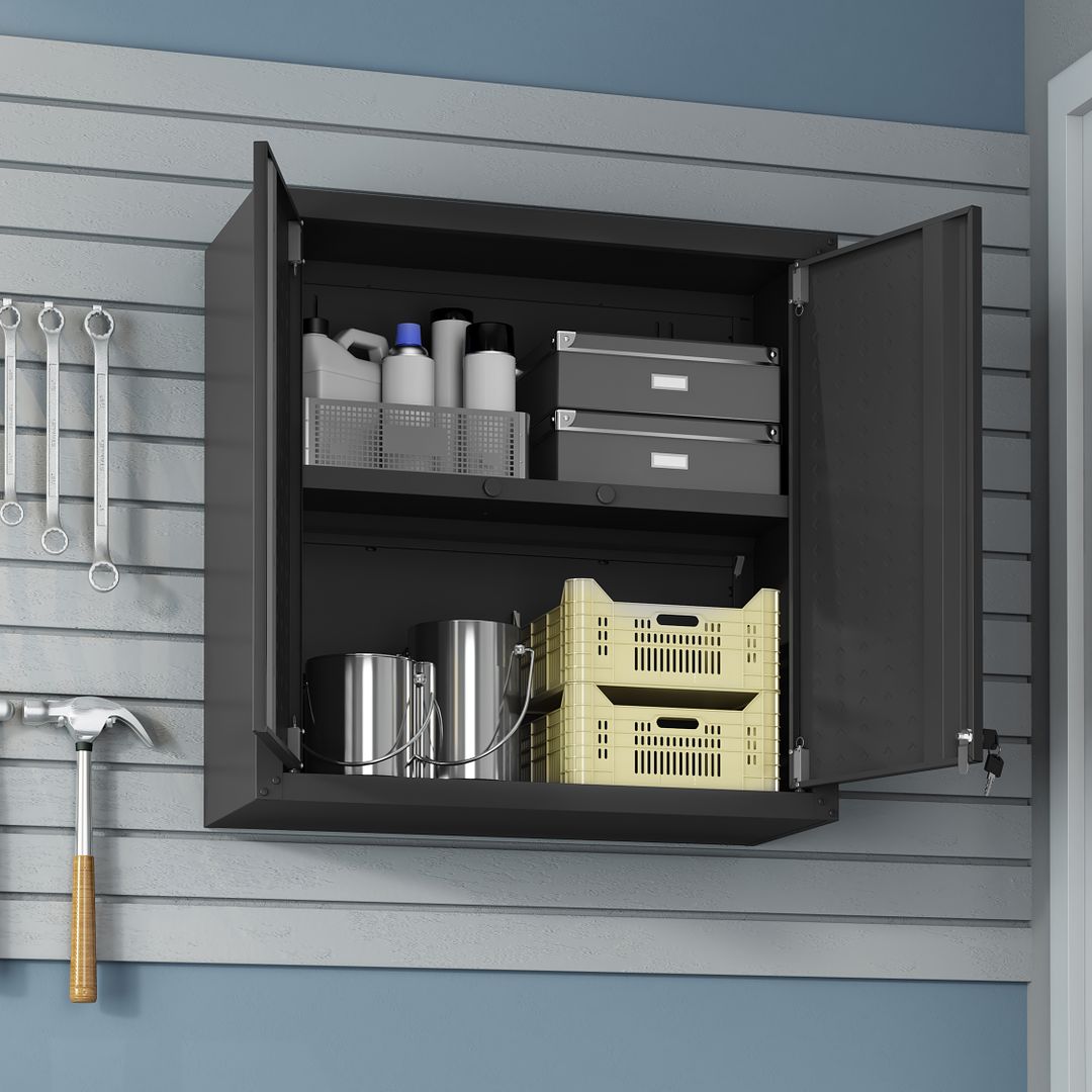 Manhattan Comfort Fortress 30" Floating Textured Metal Garage Cabinet With Adjustable Shelves In Charcoal Gray