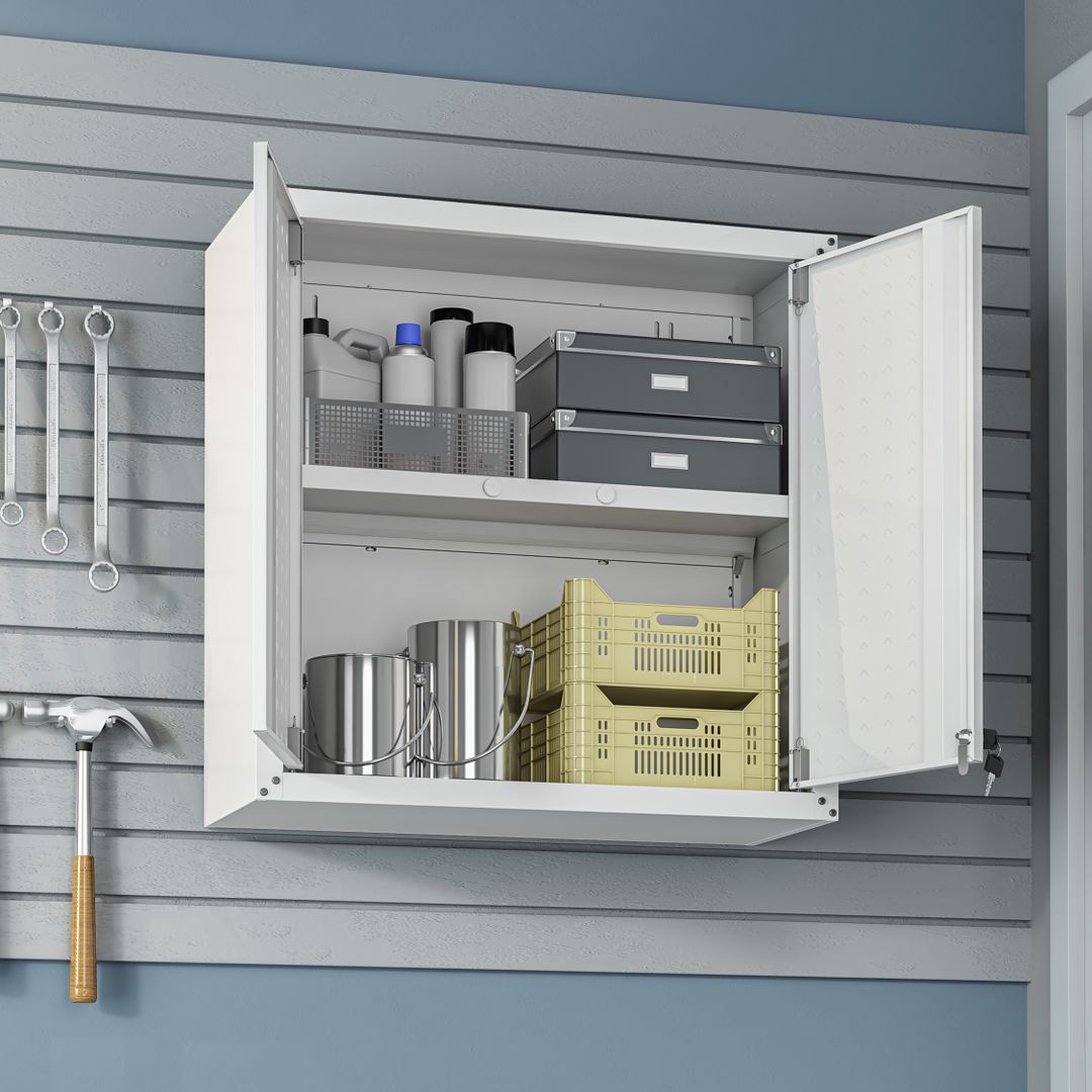 Manhattan Comfort Fortress 30" Floating Textured Metal Garage Cabinet With Adjustable Shelves In White