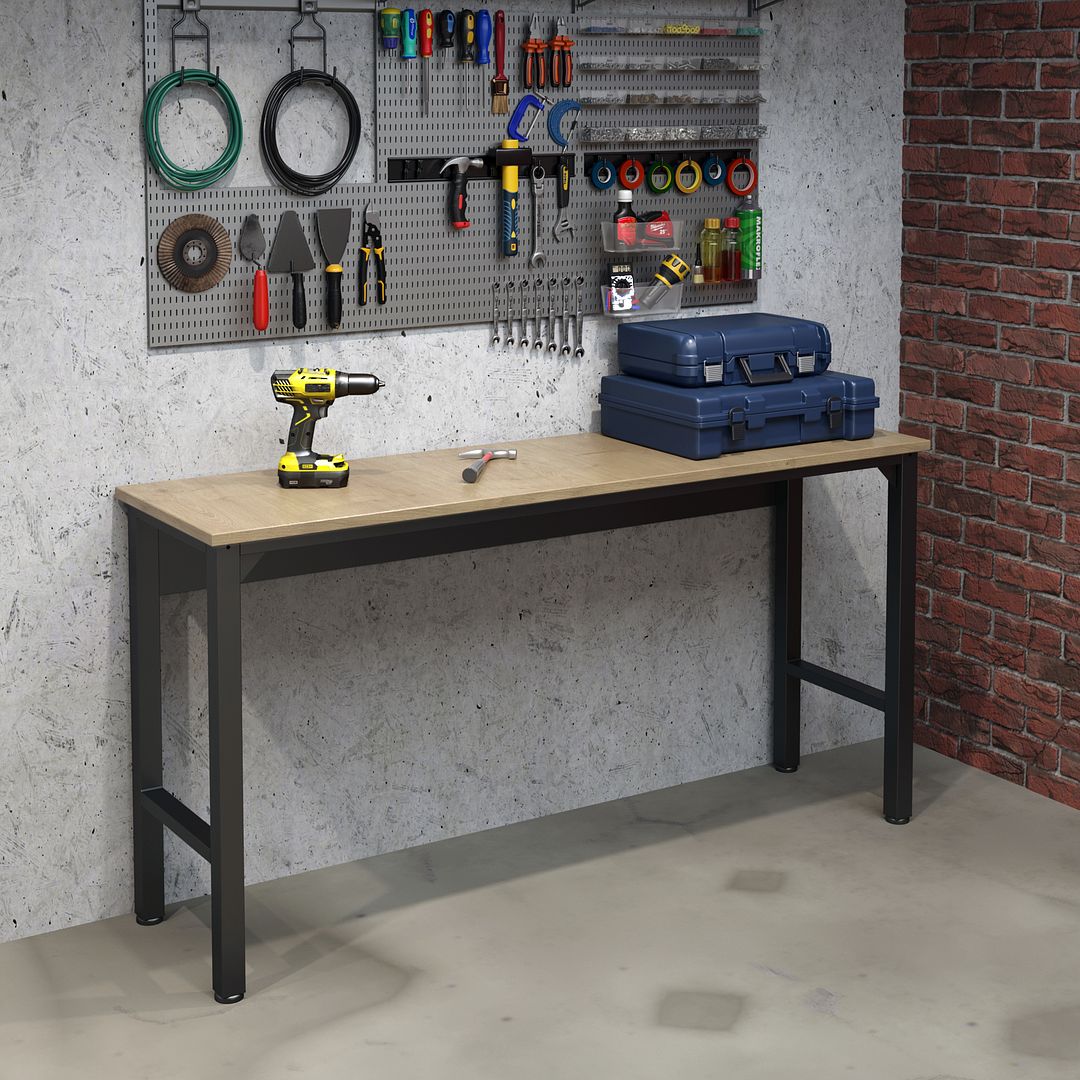 Manhattan Comfort Fortress 72" Natural Wood & Steel Garage Table In Charcoal Gray