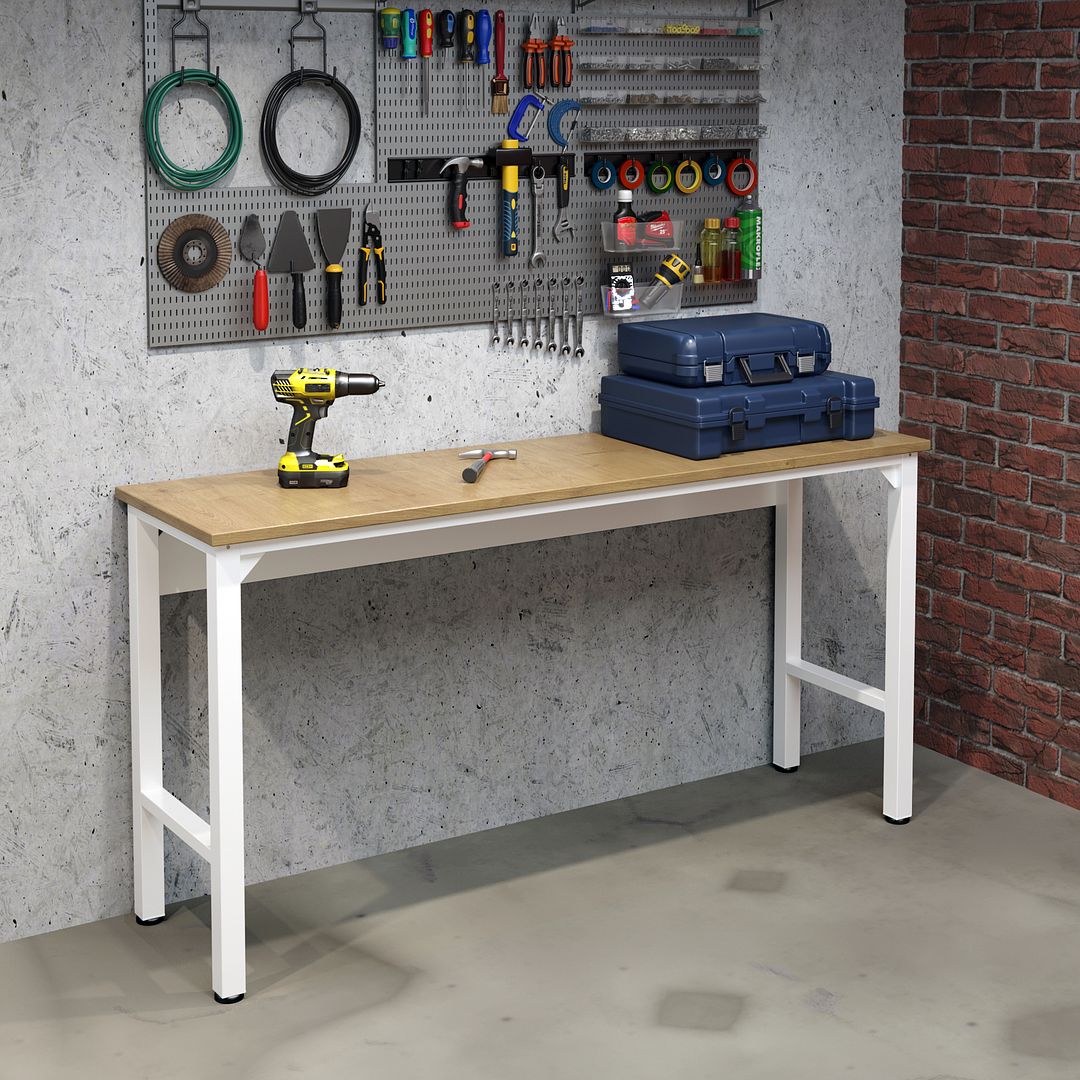 Manhattan Comfort Fortress 72" Natural Wood & Steel Garage Table In White