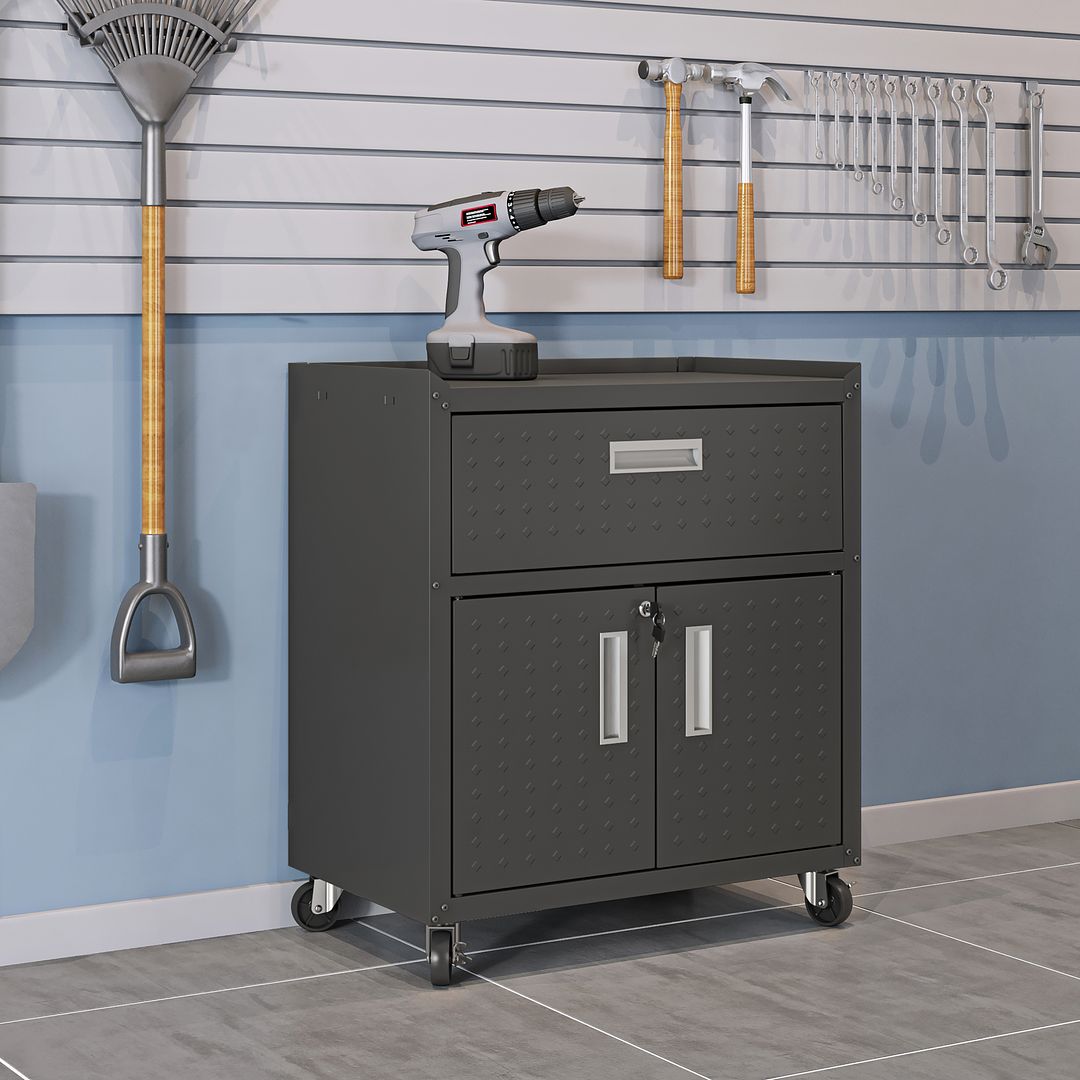 Manhattan Comfort Fortress Textured Metal 32" Garage Mobile Cabinet With 1 Full Extension Drawer & 2 Adjustable Shelves In Charcoal Gray