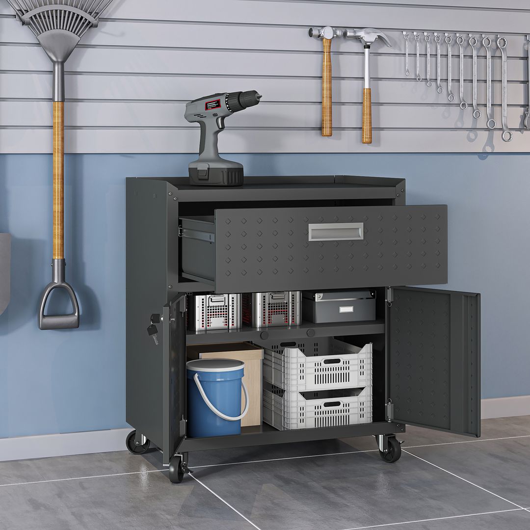 Manhattan Comfort Fortress Textured Metal 32" Garage Mobile Cabinet With 1 Full Extension Drawer & 2 Adjustable Shelves In Charcoal Gray