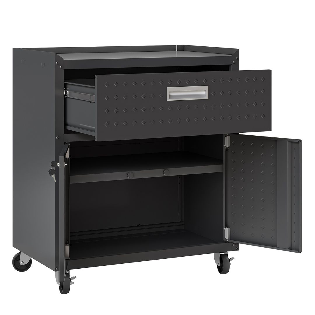 Manhattan Comfort Fortress Textured Metal 32" Garage Mobile Cabinet With 1 Full Extension Drawer & 2 Adjustable Shelves In Charcoal Gray