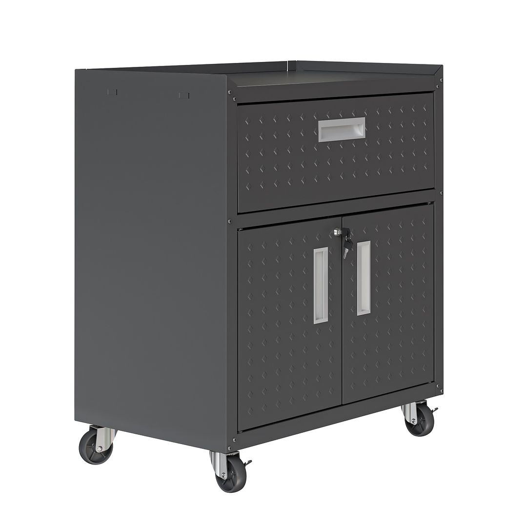 Manhattan Comfort Fortress Textured Metal 32" Garage Mobile Cabinet With 1 Full Extension Drawer & 2 Adjustable Shelves In Charcoal Gray