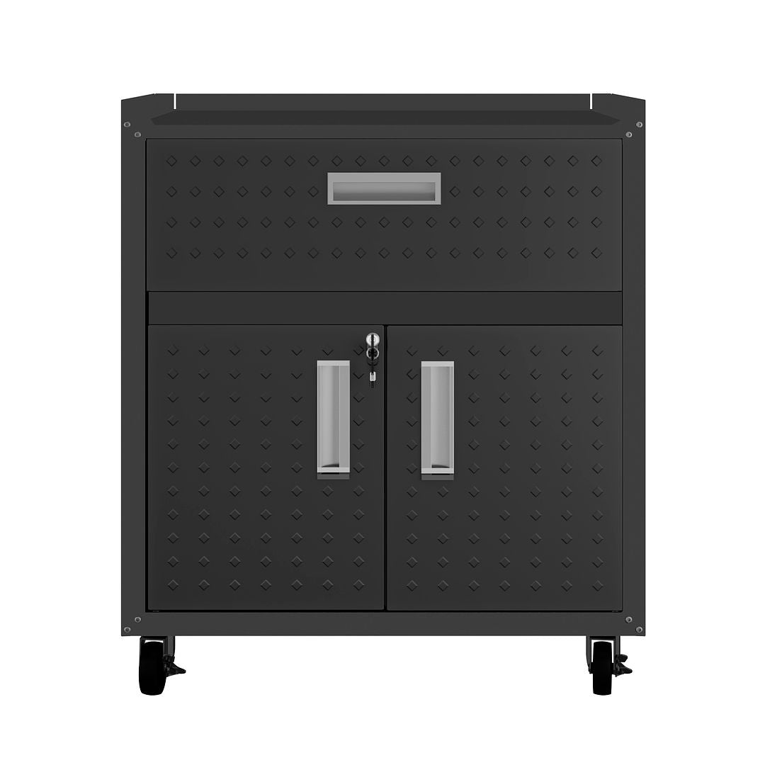 Manhattan Comfort Fortress Textured Metal 32" Garage Mobile Cabinet With 1 Full Extension Drawer & 2 Adjustable Shelves In Charcoal Gray