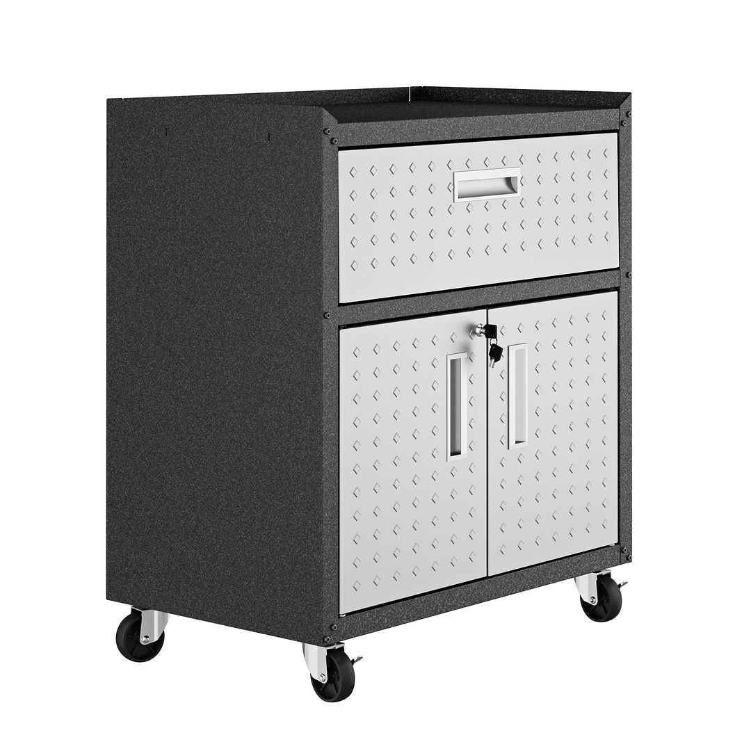 Manhattan Comfort Fortress Textured Metal 32" Garage Mobile Cabinet With 1 Full Extension Drawer & 2 Adjustable Shelves In Gray