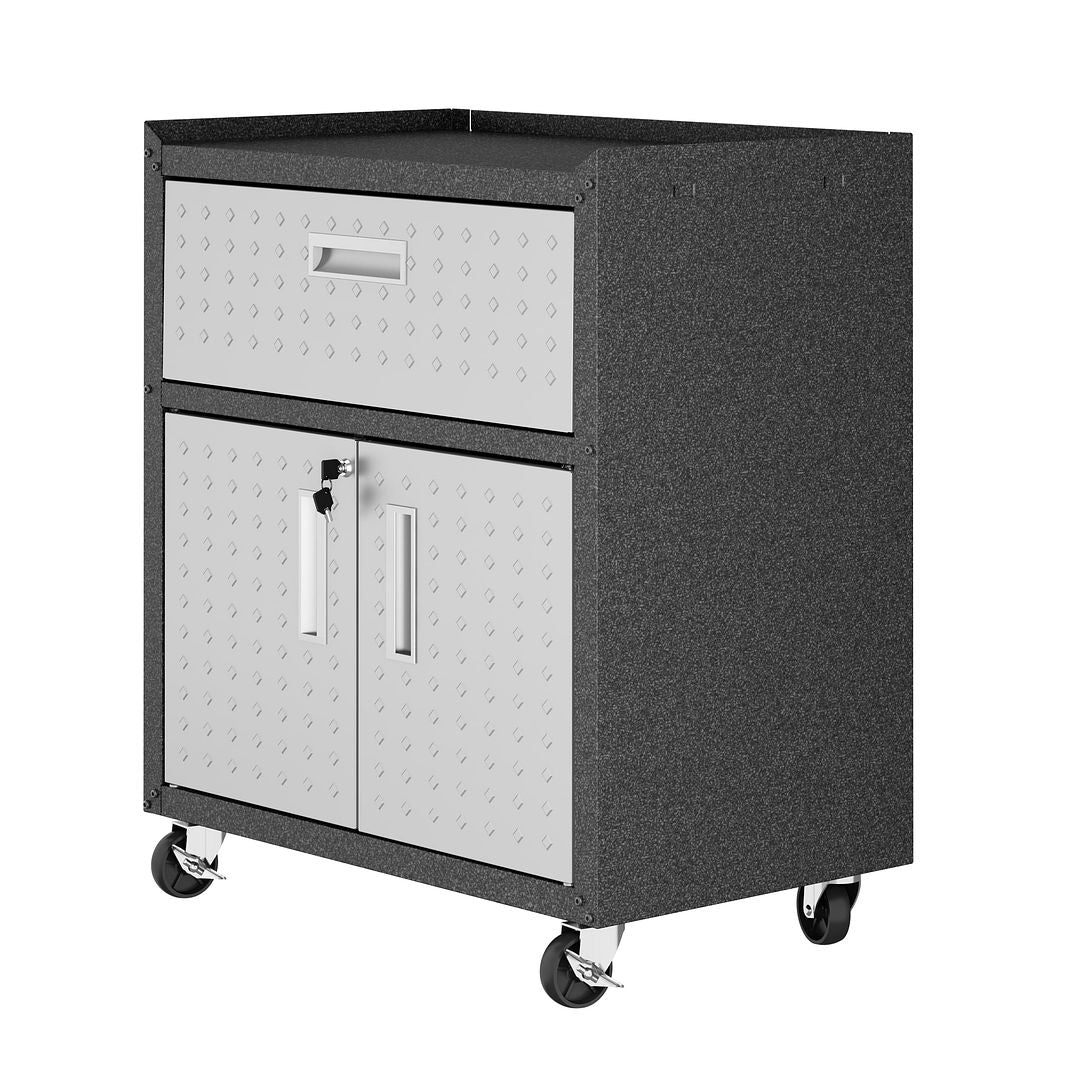 Manhattan Comfort Fortress Textured Metal 32" Garage Mobile Cabinet With 1 Full Extension Drawer & 2 Adjustable Shelves In Gray