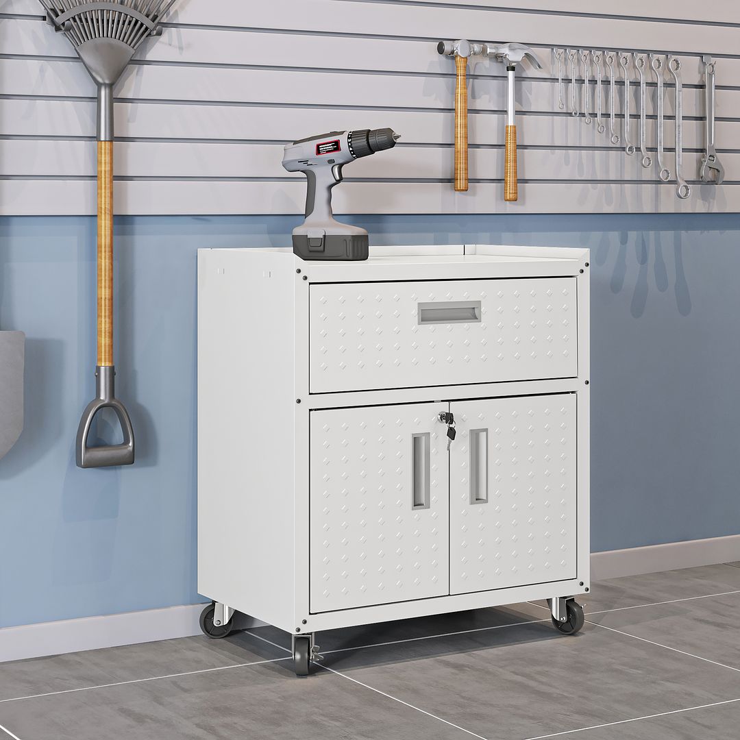 Manhattan Comfort Fortress Textured Metal 32" Garage Mobile Cabinet With 1 Full Extension Drawer & 2 Adjustable Shelves In White