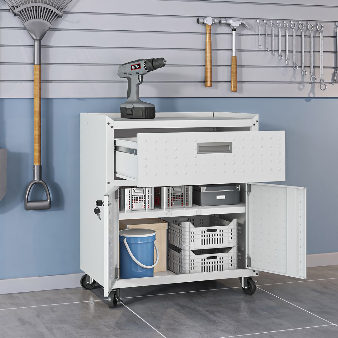 Manhattan Comfort Fortress Textured Metal 32" Garage Mobile Cabinet With 1 Full Extension Drawer & 2 Adjustable Shelves In White