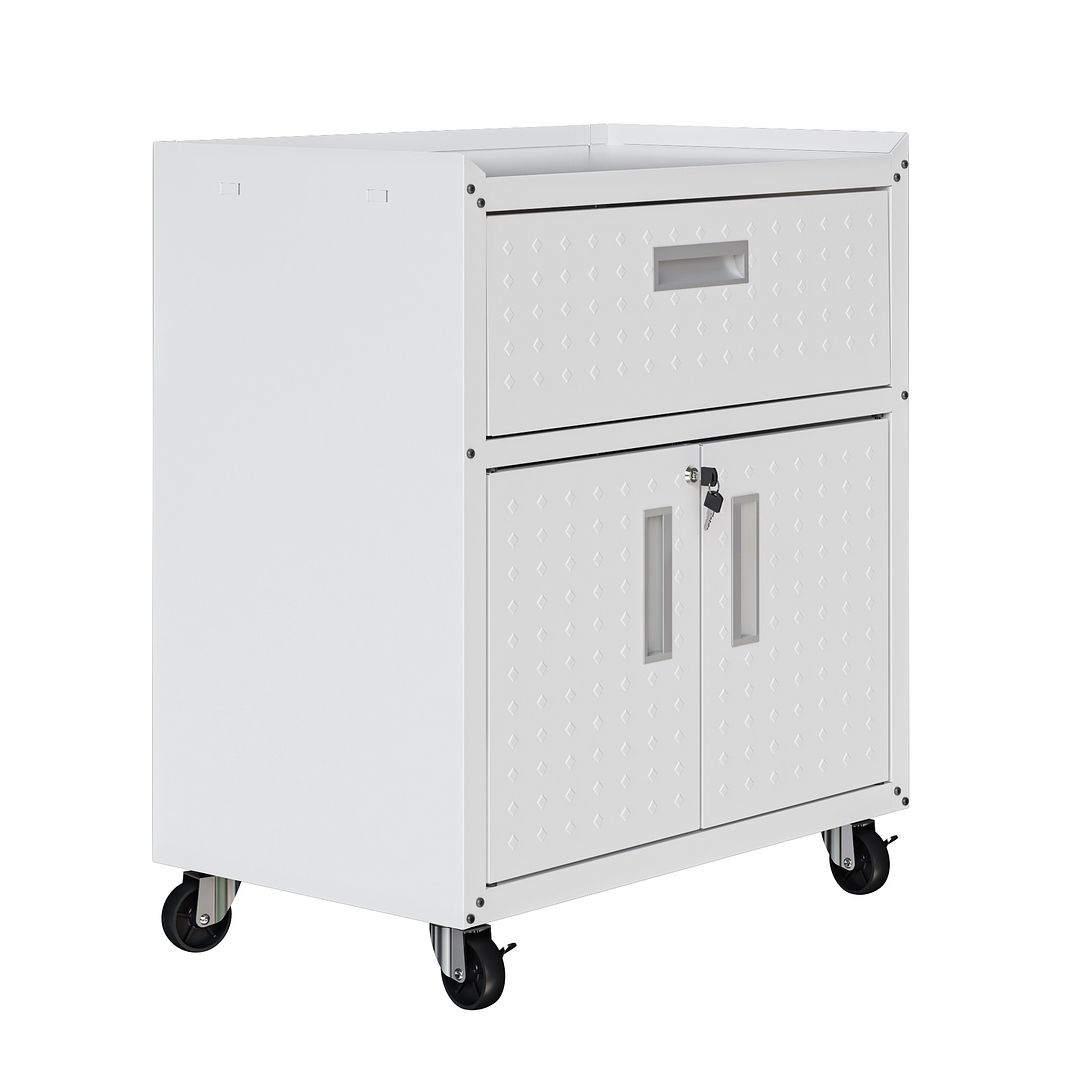 Manhattan Comfort Fortress Textured Metal 32" Garage Mobile Cabinet With 1 Full Extension Drawer & 2 Adjustable Shelves In White