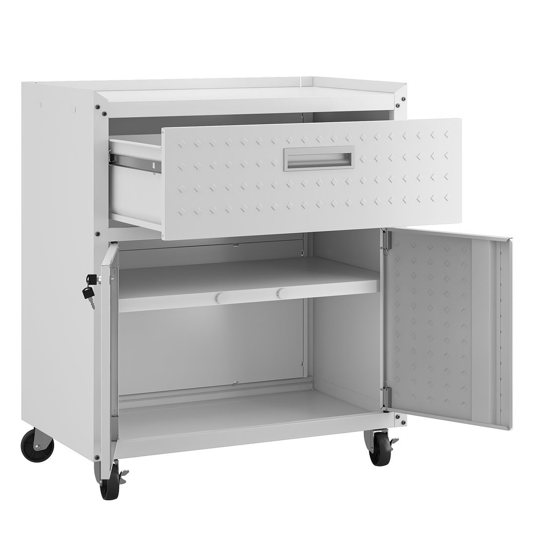 Manhattan Comfort Fortress Textured Metal 32" Garage Mobile Cabinet With 1 Full Extension Drawer & 2 Adjustable Shelves In White