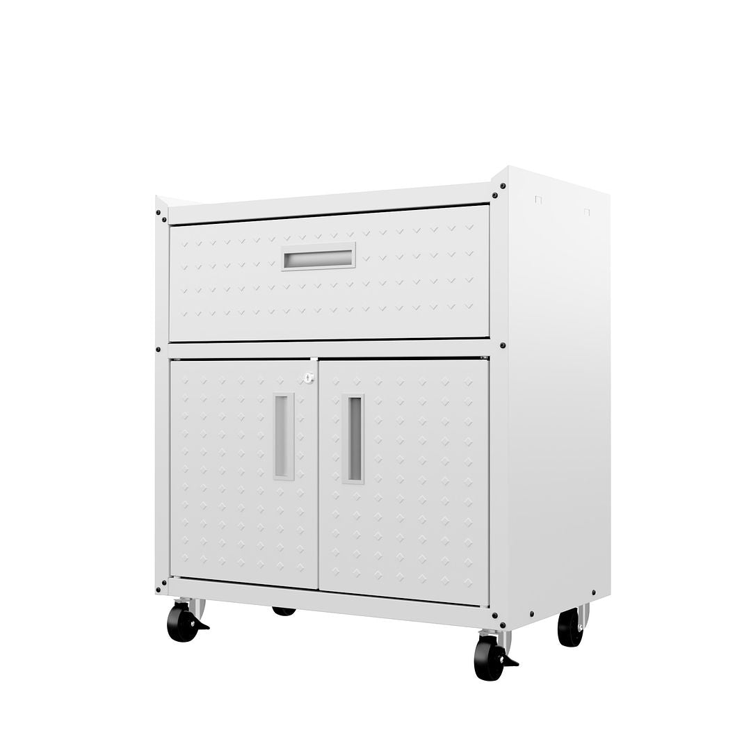 Manhattan Comfort Fortress Textured Metal 32" Garage Mobile Cabinet With 1 Full Extension Drawer & 2 Adjustable Shelves In White