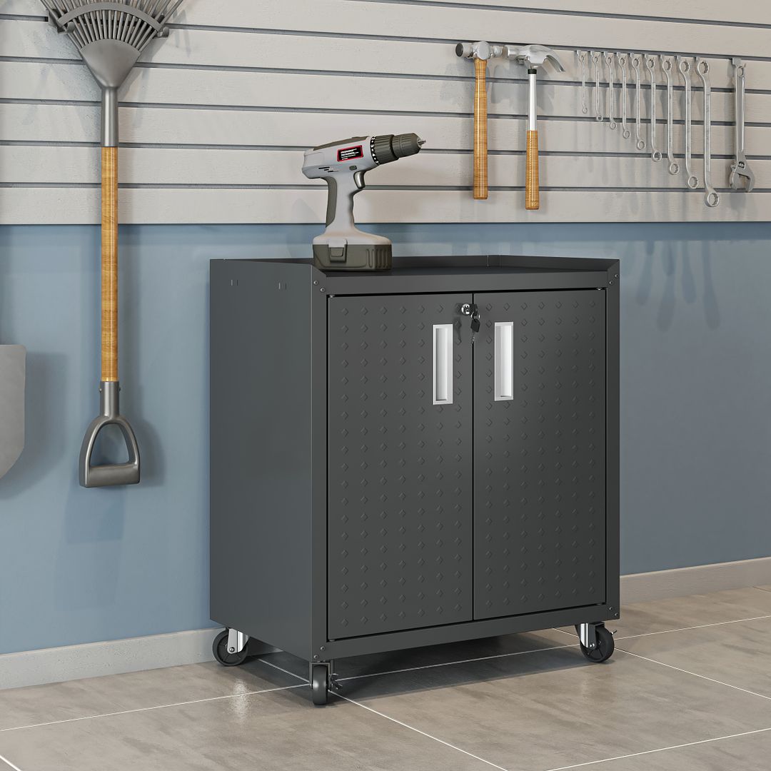 Manhattan Comfort Fortress Textured Metal 32" Garage Mobile Cabinet With 2 Adjustable Shelves In Charcoal Gray