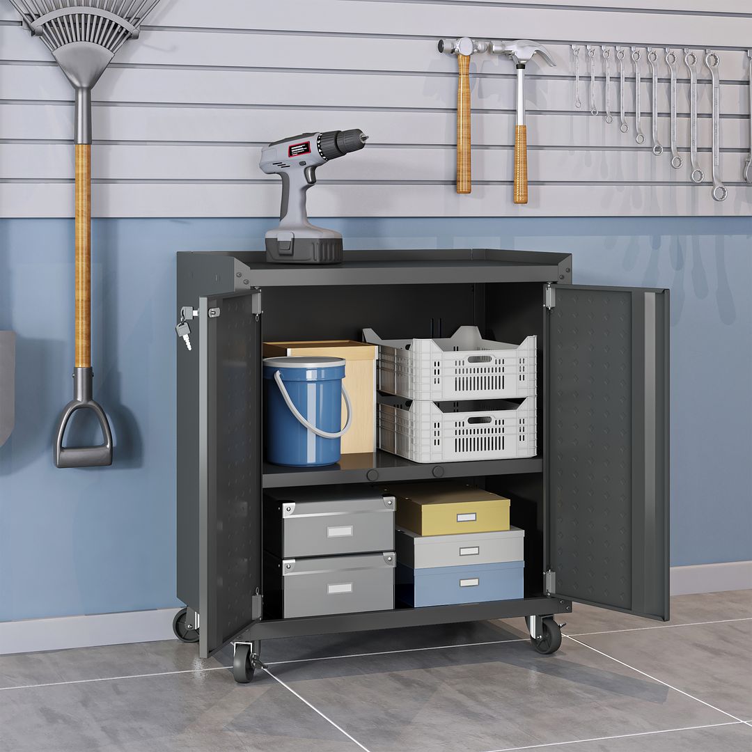 Manhattan Comfort Fortress Textured Metal 32" Garage Mobile Cabinet With 2 Adjustable Shelves In Charcoal Gray