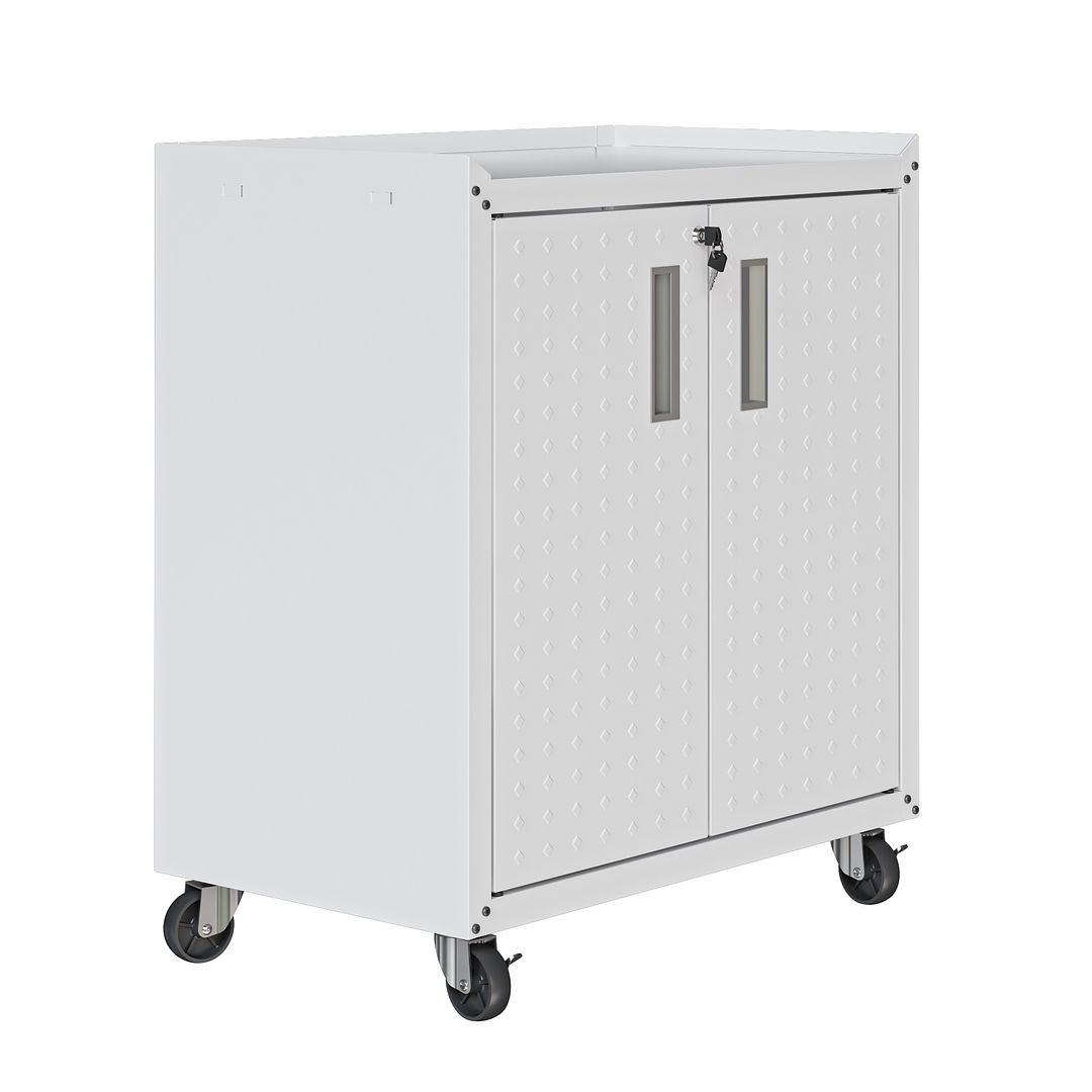 Manhattan Comfort Fortress Textured Metal 32" Garage Mobile Cabinet With 2 Adjustable Shelves In White