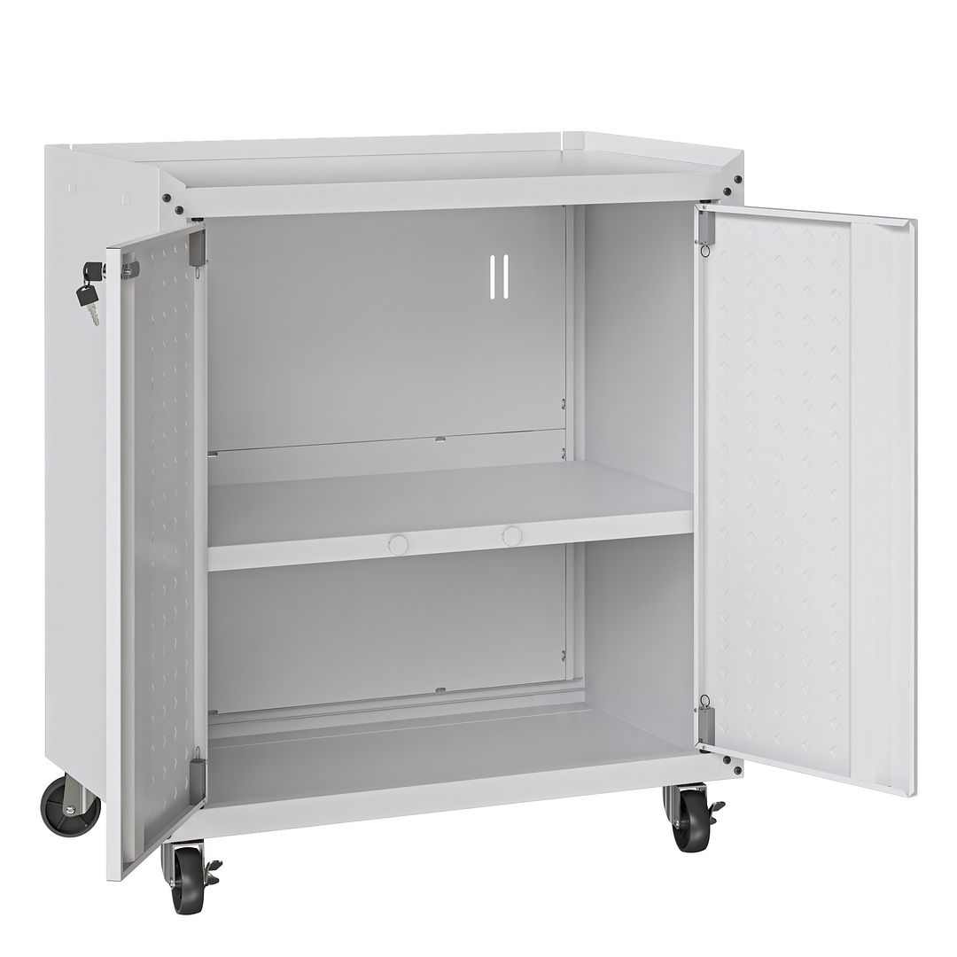 Manhattan Comfort Fortress Textured Metal 32" Garage Mobile Cabinet With 2 Adjustable Shelves In White