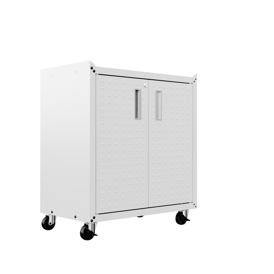 Manhattan Comfort Fortress Textured Metal 32" Garage Mobile Cabinet With 2 Adjustable Shelves In White