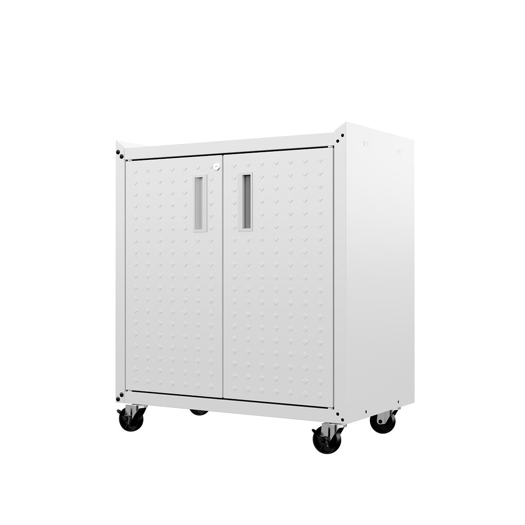 Manhattan Comfort Fortress Textured Metal 32" Garage Mobile Cabinet With 2 Adjustable Shelves In White