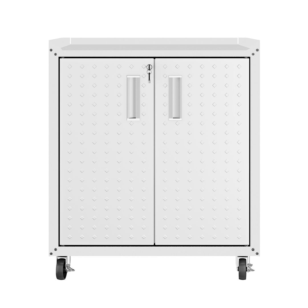 Manhattan Comfort Fortress Textured Metal 32" Garage Mobile Cabinet With 2 Adjustable Shelves In White