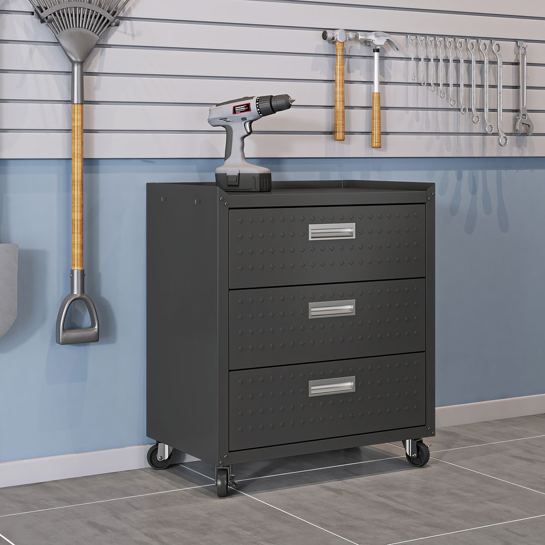 Manhattan Comfort Fortress Textured Metal 32" Garage Mobile Chest With 3 Full Extension Drawers In Charcoal Gray