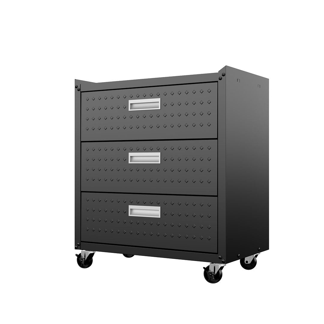 Manhattan Comfort Fortress Textured Metal 32" Garage Mobile Chest With 3 Full Extension Drawers In Charcoal Gray