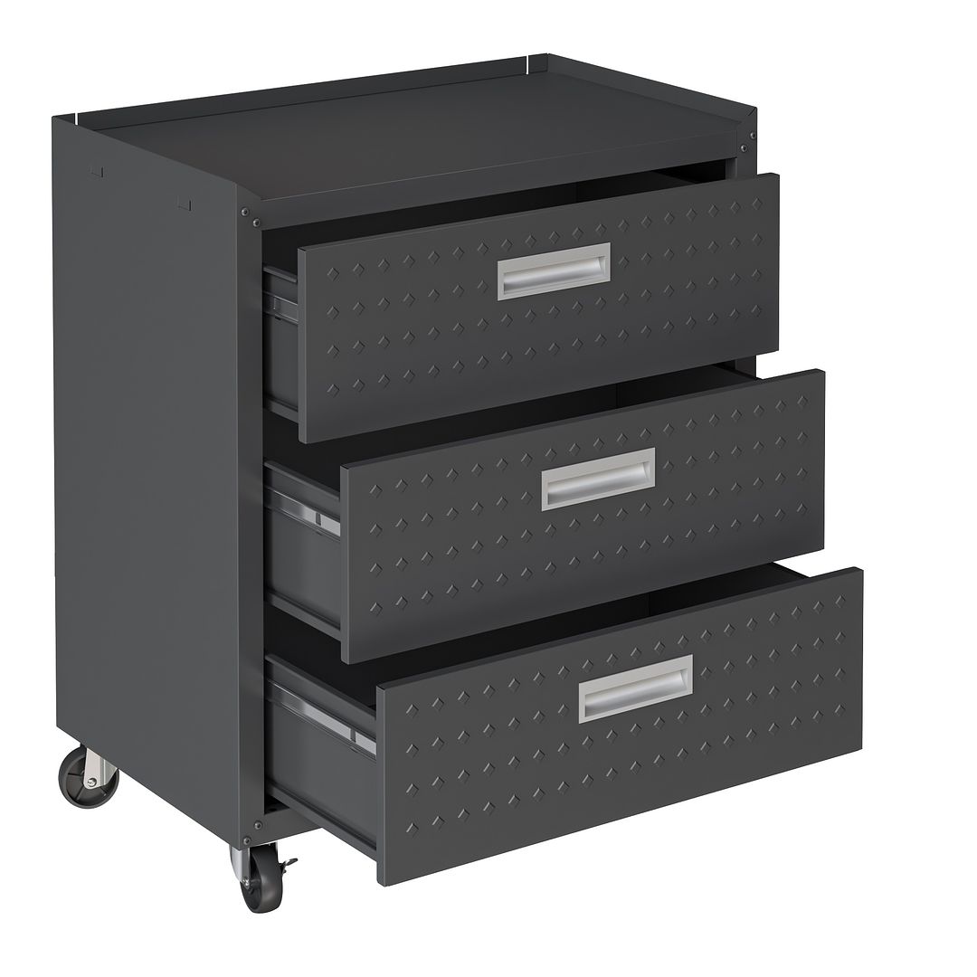 Manhattan Comfort Fortress Textured Metal 32" Garage Mobile Chest With 3 Full Extension Drawers In Charcoal Gray