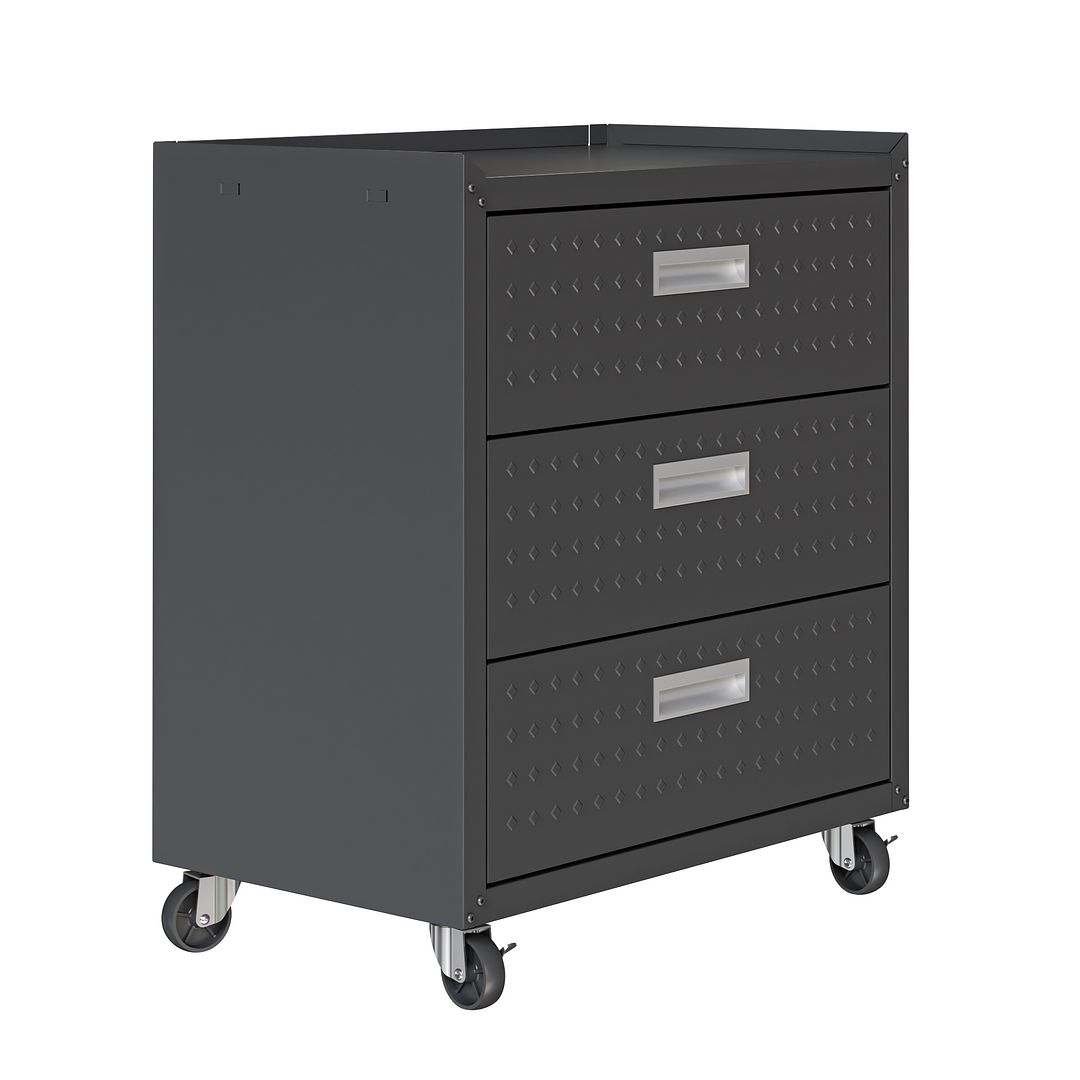 Manhattan Comfort Fortress Textured Metal 32" Garage Mobile Chest With 3 Full Extension Drawers In Charcoal Gray
